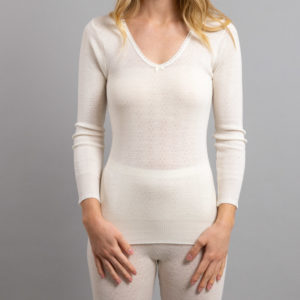 Front view of white Thermo Fleece – Ladies Long Sleeve Lace V Neck – 100% Merino Wool