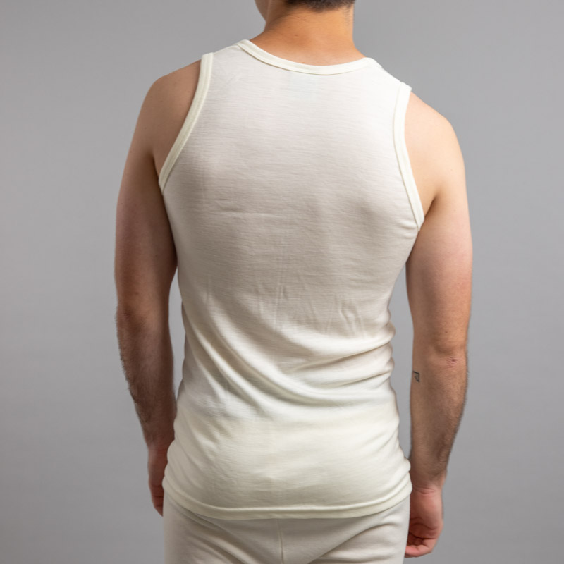 Rear view of white Thermo Fleece – Men’s Sleeveless Athletic – 100% Merino Wool