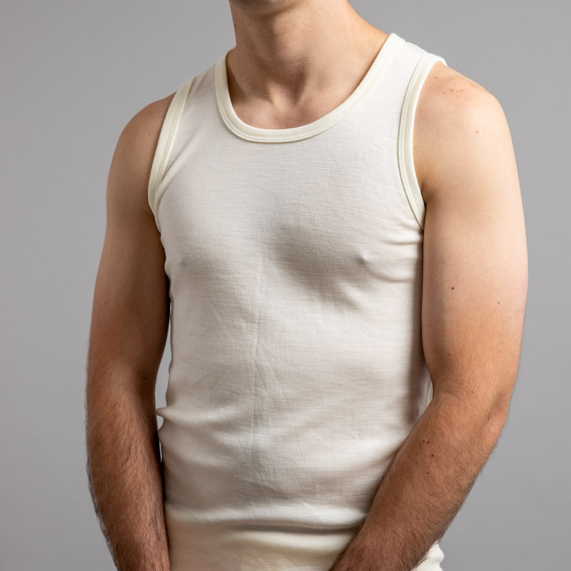 Front view of white Thermo Fleece – Men’s Sleeveless Athletic – 100% Merino Wool