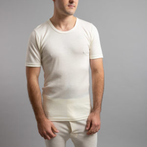 Front view of white Thermo Fleece – Men’s Short Sleeve Top – 100% Merino Wool