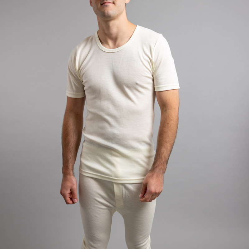 Front view of white Thermo Fleece – Men’s Short Sleeve Top – 100% Merino Wool