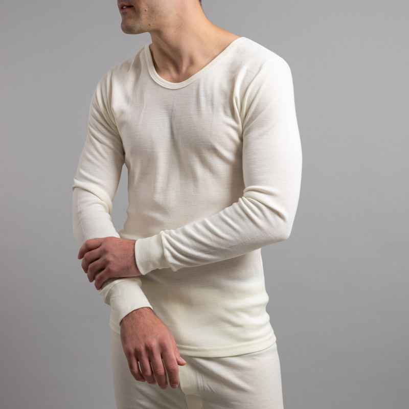 Front view of white Thermo Fleece – Men’s Long Sleeve Top – 100% Merino Wool