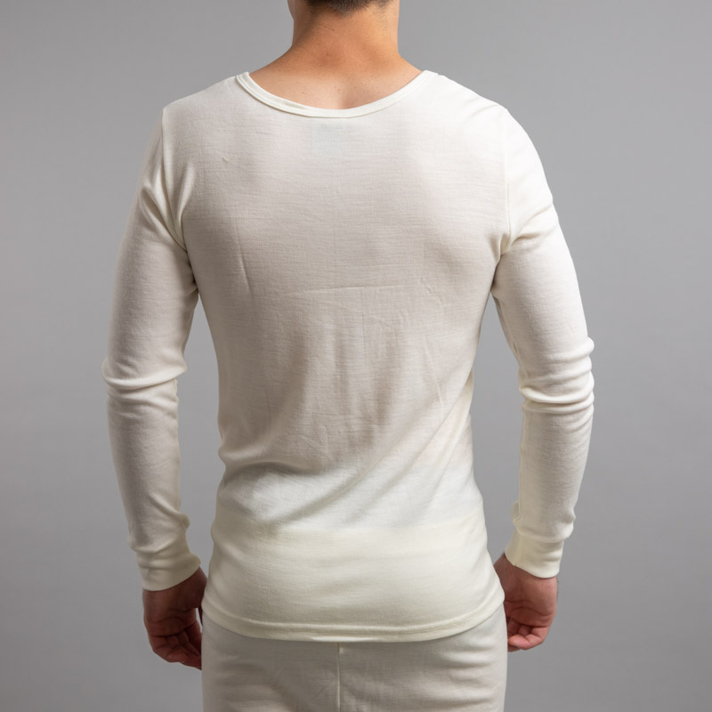 Rearview of white Thermo Fleece – Men’s Long Sleeve Top – 100% Merino Wool