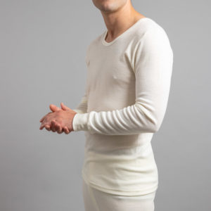 Side view of white Thermo Fleece – Men’s Long Sleeve Top – 100% Merino Wool