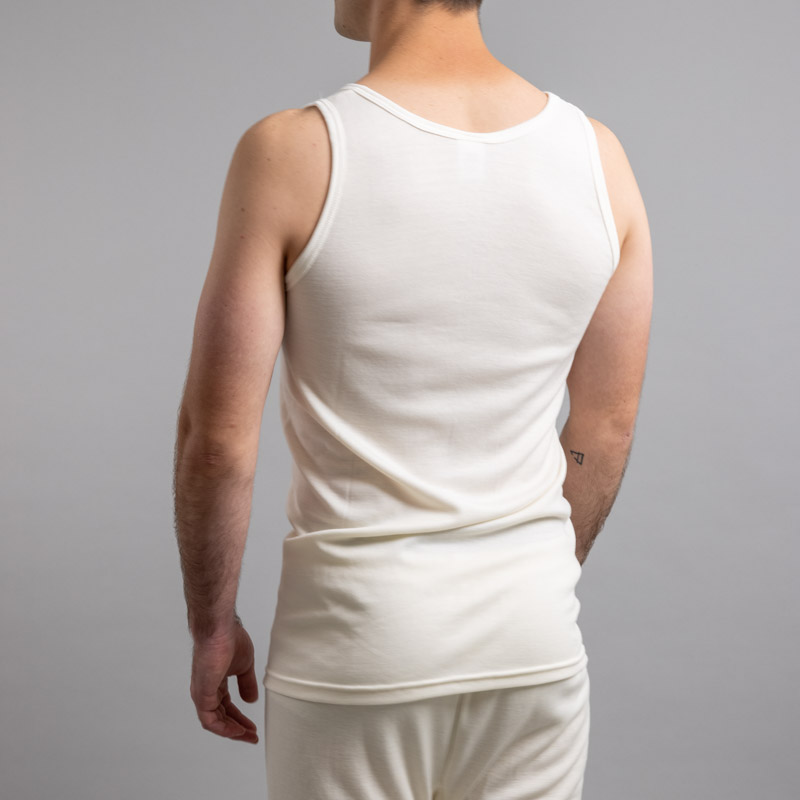 Rear view of white Thermo Fleece – Men’s Sleeveless Athletic – Rich Merino Blend