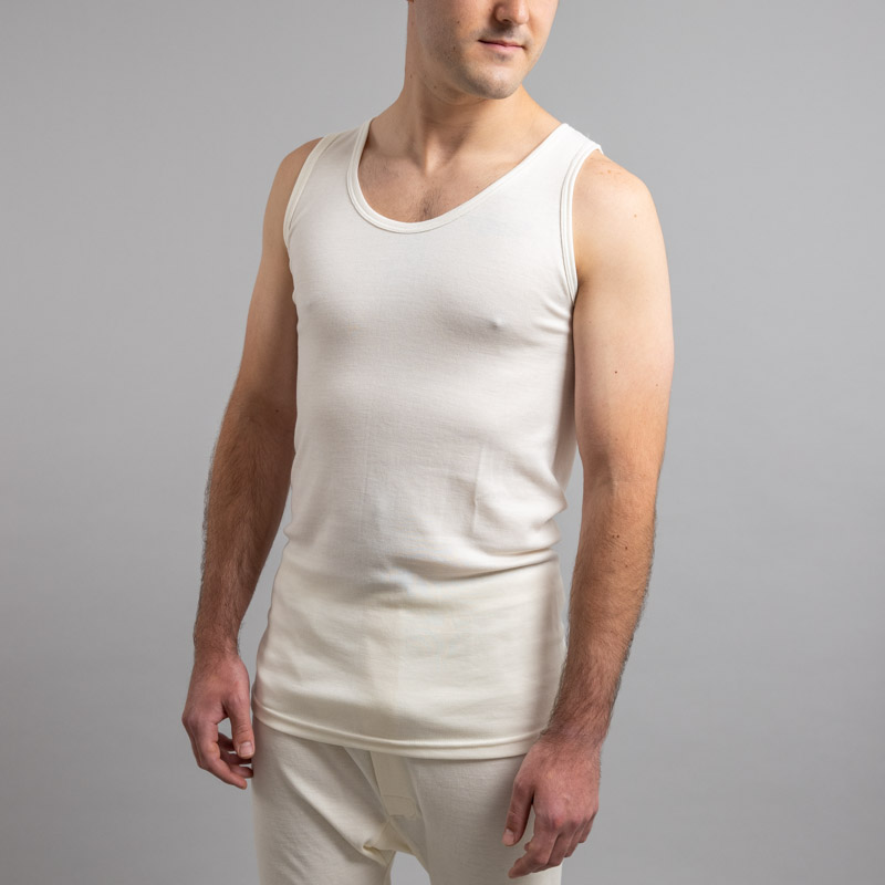 Front view of white Thermo Fleece – Men’s Sleeveless Athletic – Rich Merino Blend