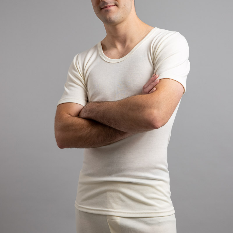 Front view of white Thermo Fleece – Men’s Short Sleeve Top – Rich Merino Blend
