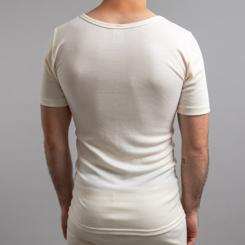 Rear view of white Thermo Fleece – Men’s Short Sleeve Top – Rich Merino Blend