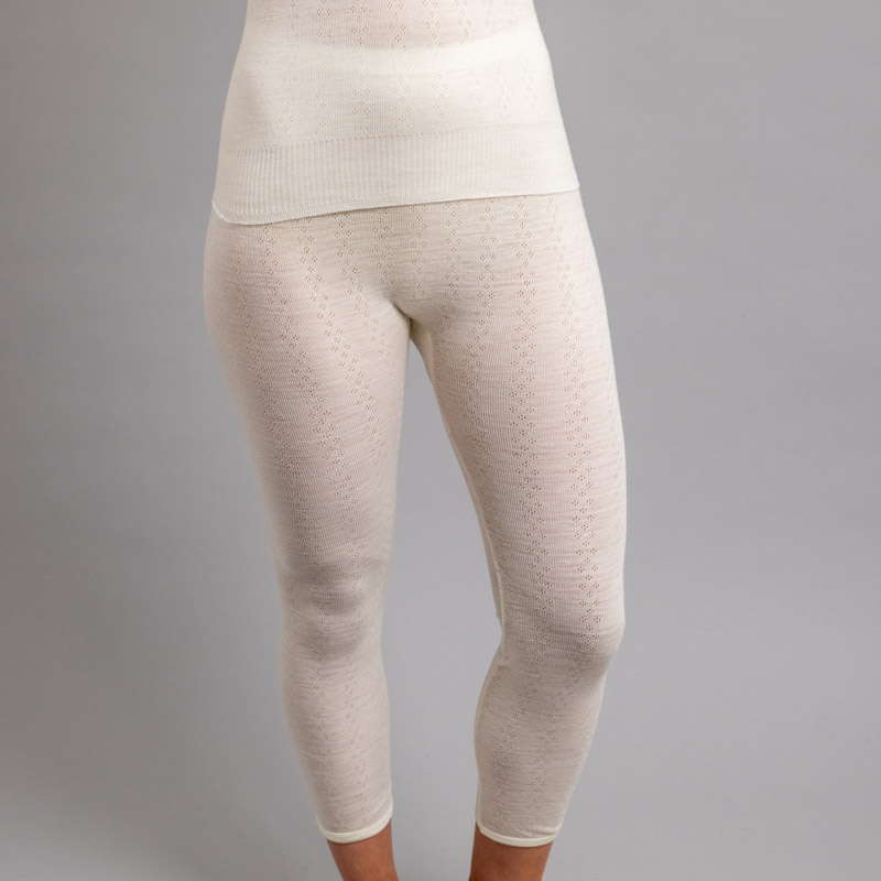 Front view of white Thermo Fleece – Ladies Long John – Rib Pointelle – 100% Merino Wool