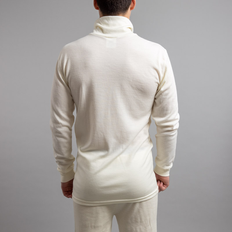Rearview of a male wearing white Merino Skins – Unisex Long Sleeve Half Zip Front