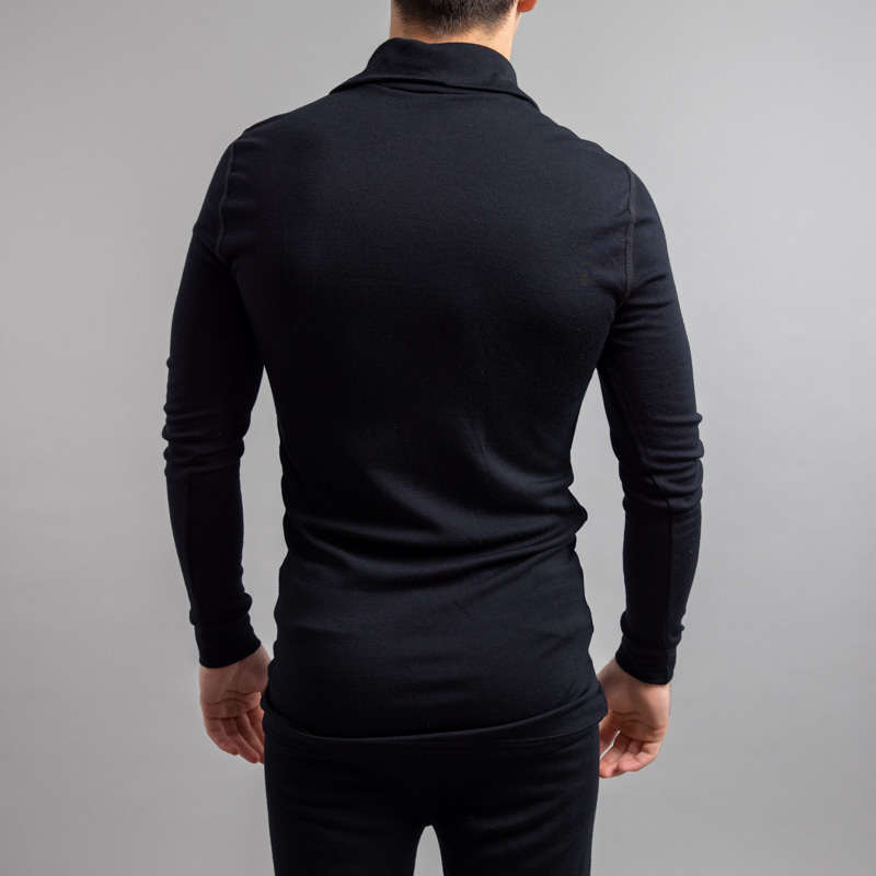 Rearview of a male wearing black Merino Skins – Unisex Long Sleeve Half Zip Front