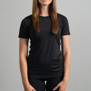 Merino Skins Lite ladies black short sleeve t shirt – front angled