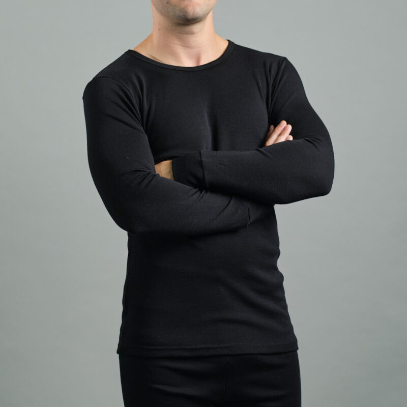 Merino Skins Lite mens black long sleeve t shirt – front angled