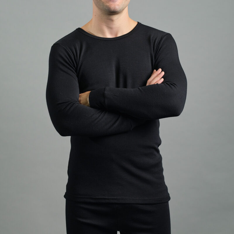 Merino Skins Lite mens black long sleeve t shirt – front