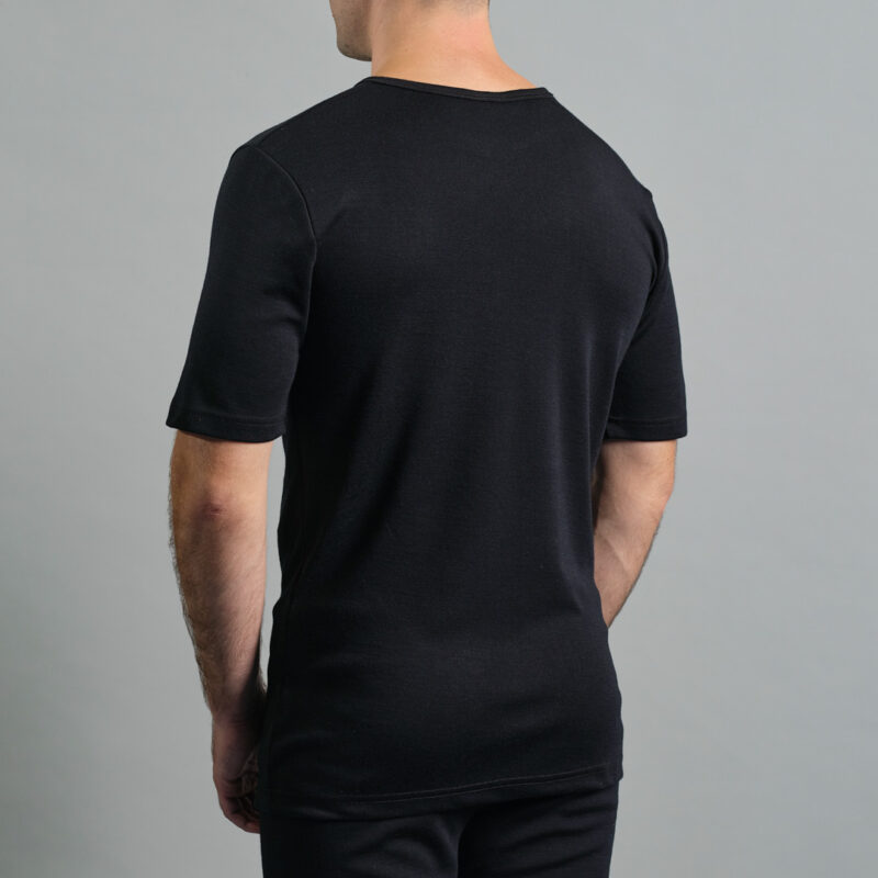 Merino Skins Lite mens black short sleeve t shirt – rear angled