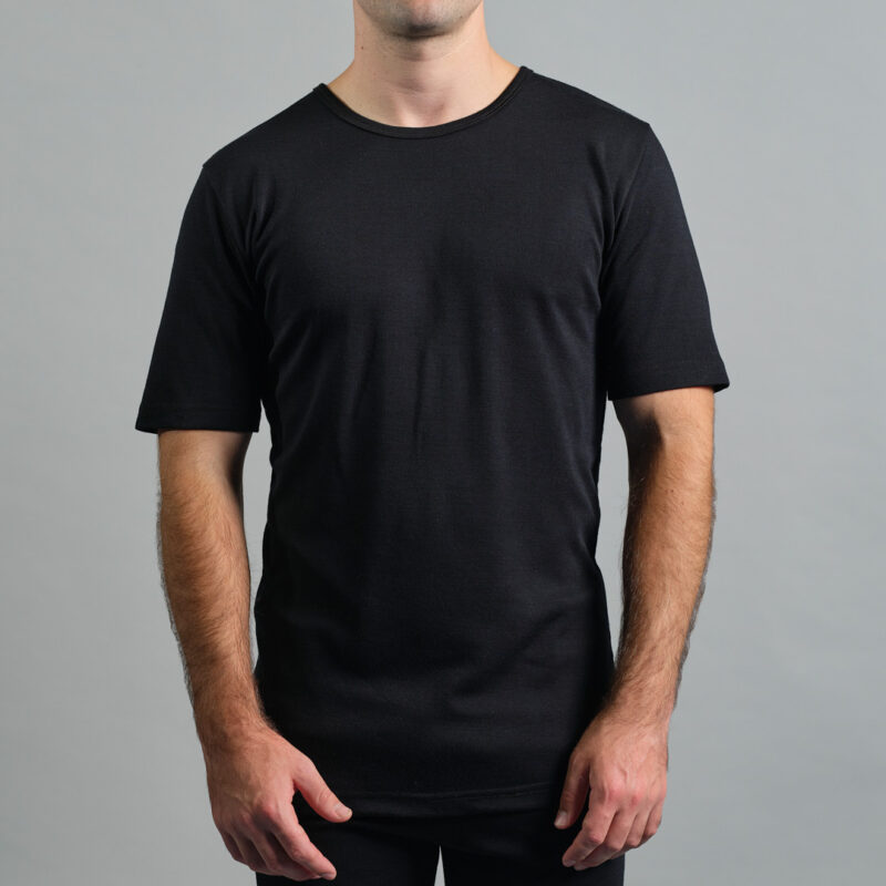 Merino Skins Lite mens black short sleeve t shirt – front