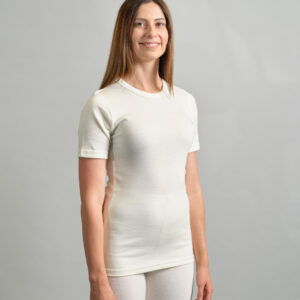 front view of a female wearing white Merino Skins – Unisex Short Sleeve Crew Neck