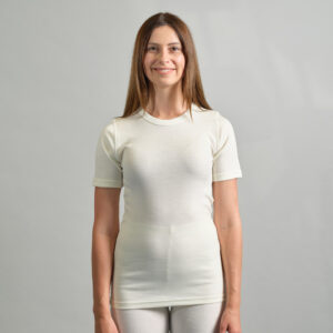 front view of a female wearing white Merino Skins – Unisex Short Sleeve Crew Neck