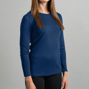 Merino Skins Lite ladies navy blue long sleeve t shirt – front angled