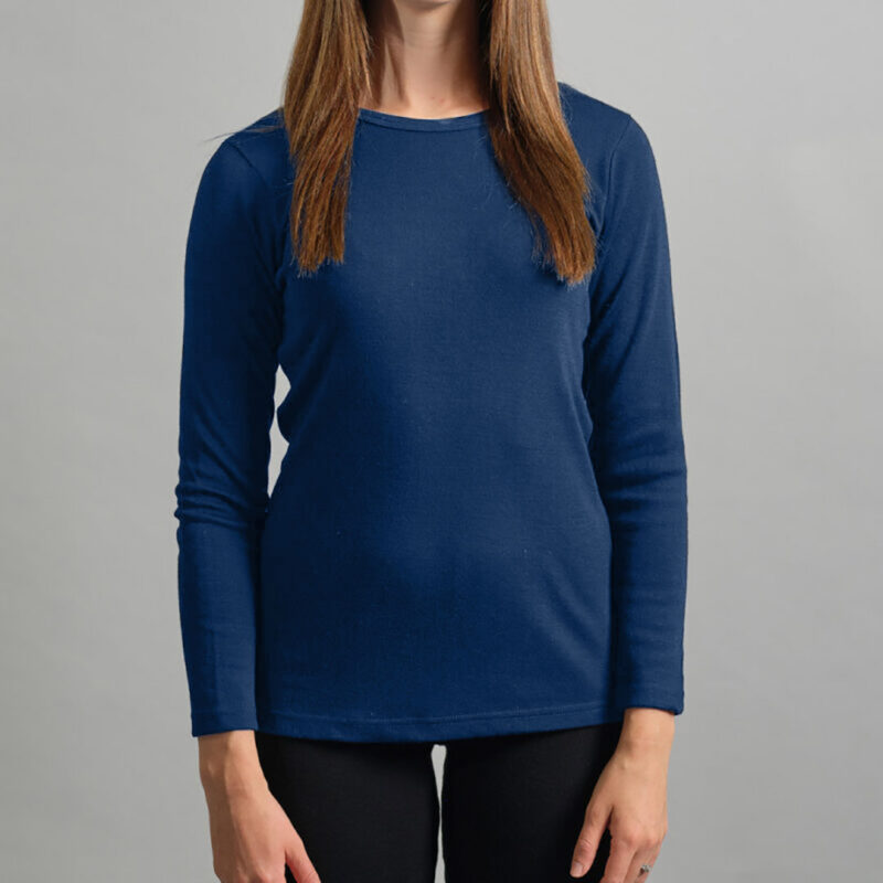 Merino Skins Lite ladies navy blue long sleeve t shirt – front view