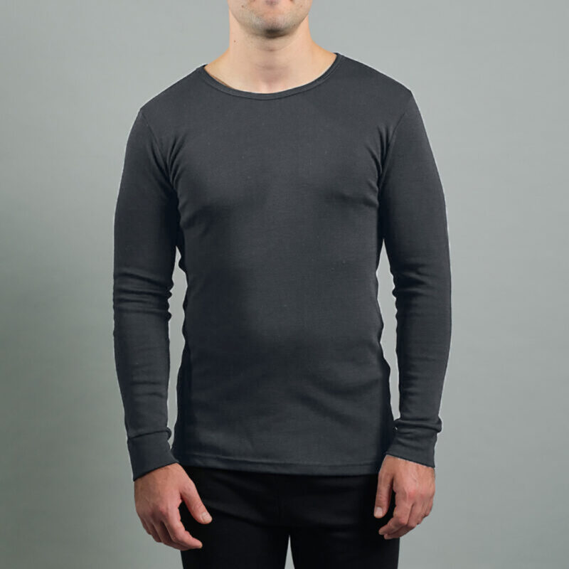 Merino Skins Lite mens charcoal grey long sleeve t shirt – front view