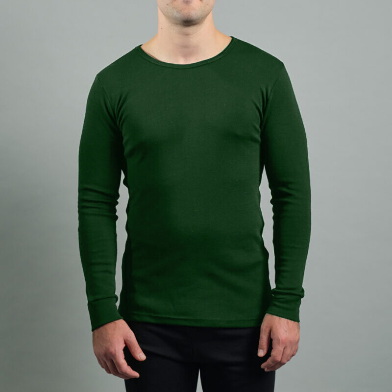 Merino Skins Lite mens green pastures long sleeve t shirt – front angled
