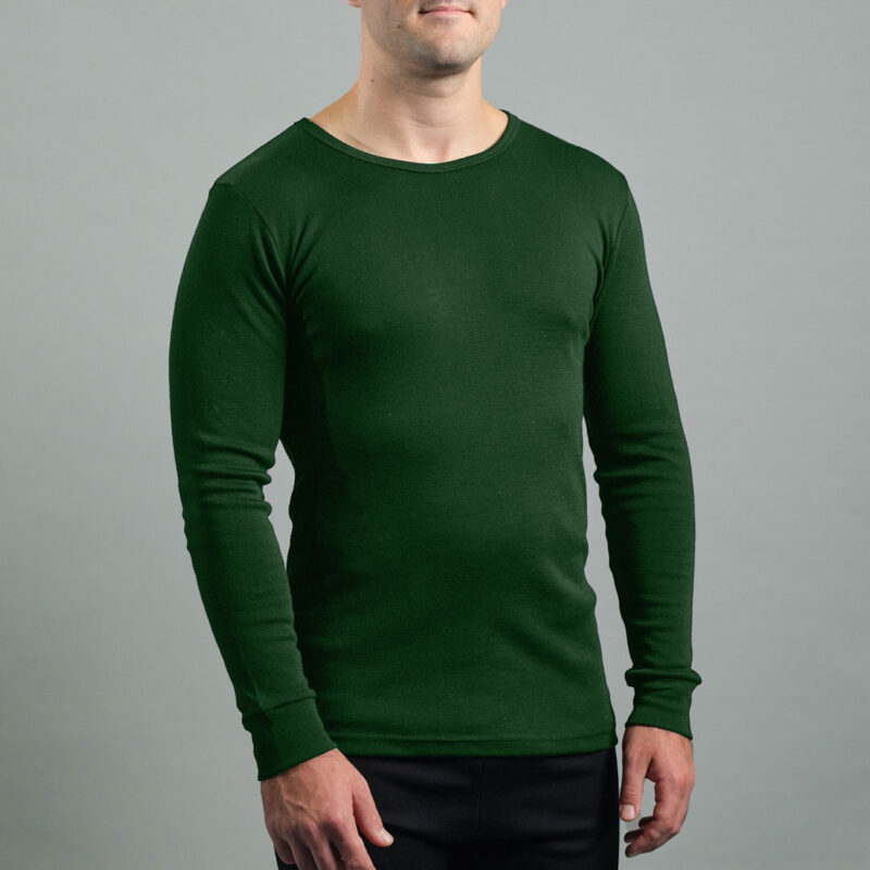 Merino Skins Lite mens green pastures long sleeve t shirt – front angled