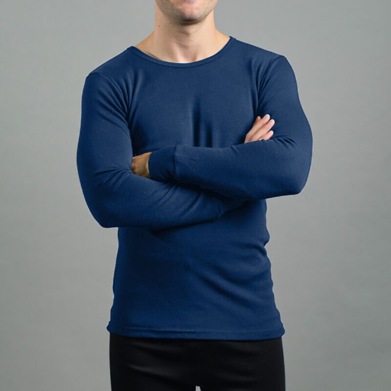Merino Skins Lite mens navy blue long sleeve t shirt – front view