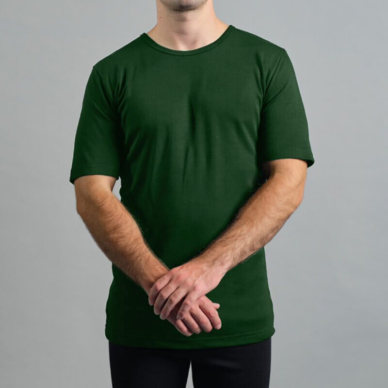 Merino Skins Lite mens green pastures short sleeve t shirt – front view