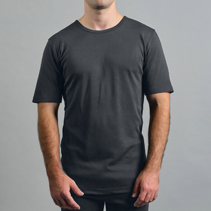 Merino Skins Lite mens charcoal grey short sleeve t shirt – front view