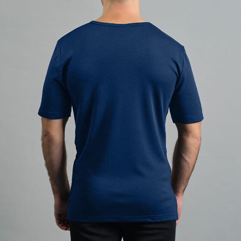 Merino Skins Lite mens navy blue short sleeve t shirt – back view