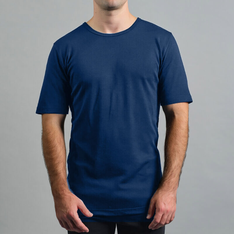 Merino Skins Lite mens navy blue short sleeve t shirt – front view