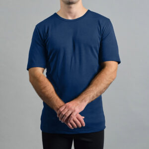 Merino Skins Lite mens navy blue short sleeve t shirt – front view