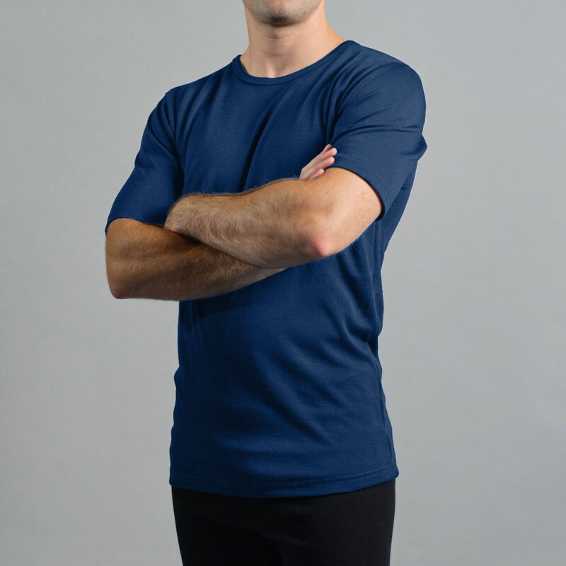 Merino Skins Lite mens navy blue short sleeve t shirt – front angled