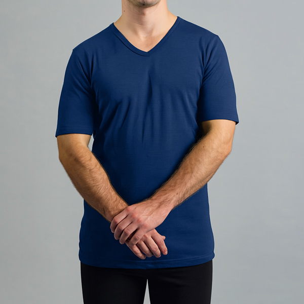 Merino Skins Lite custom v neck in blue