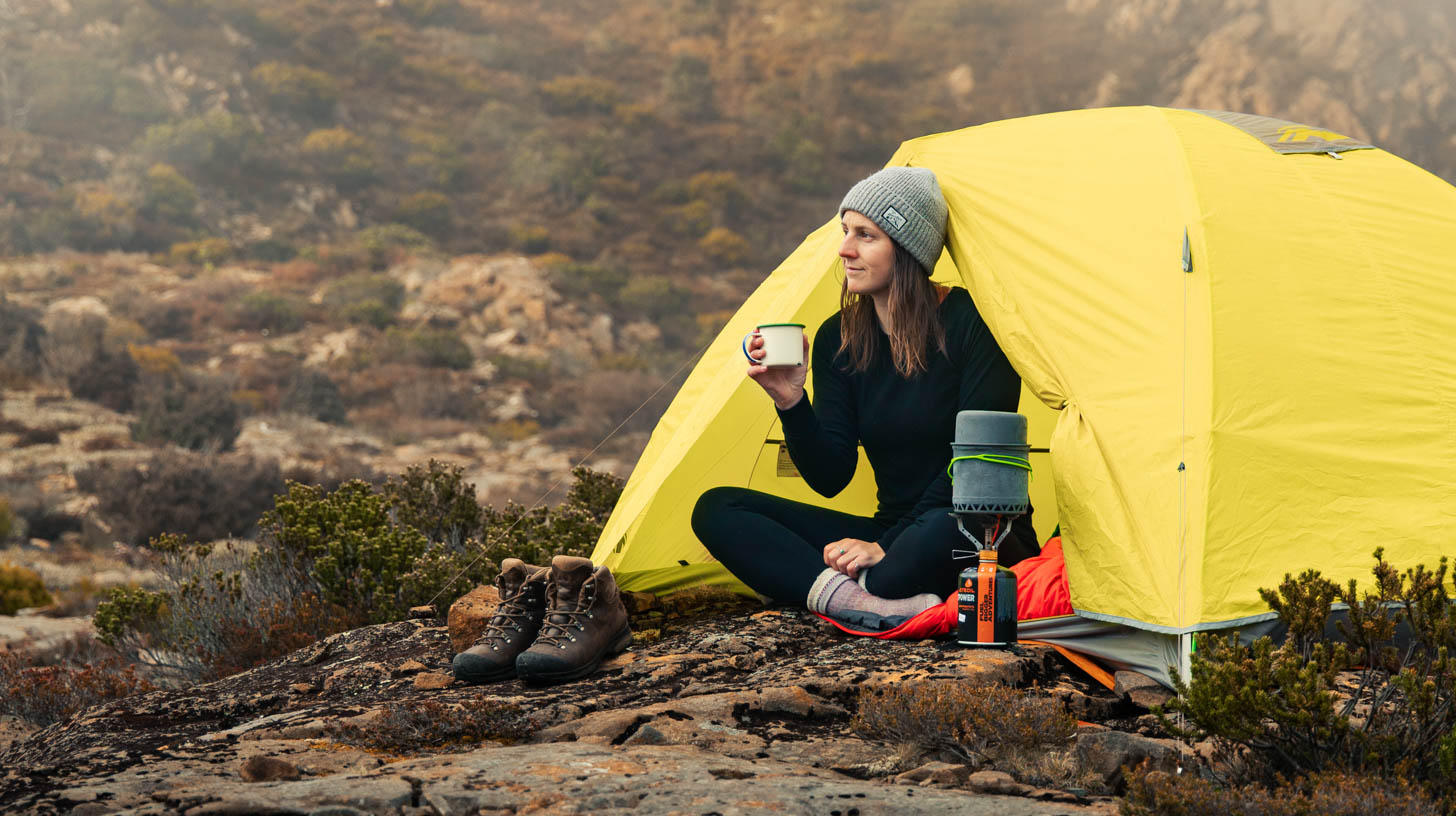 woman on hiking trip wearing merino thermals